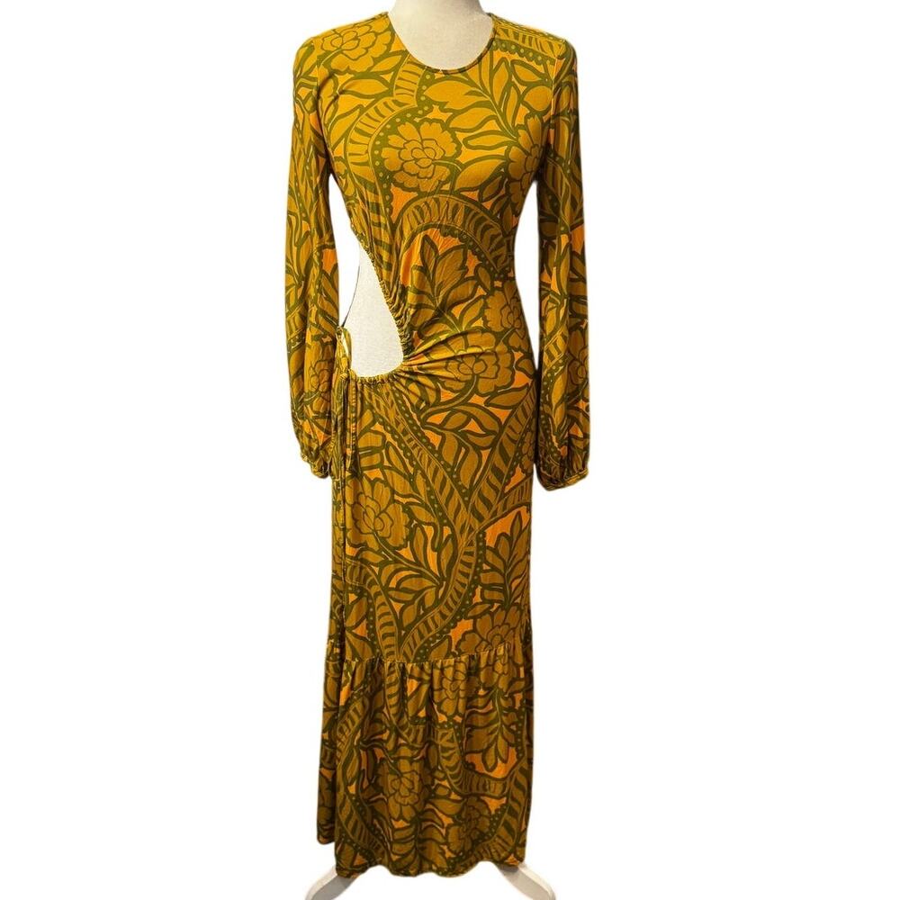 Never Fully Dressed Cutout Side Tie Maxi Dress Mustard Green Floral Print Size 4 - Picture 2 of 7